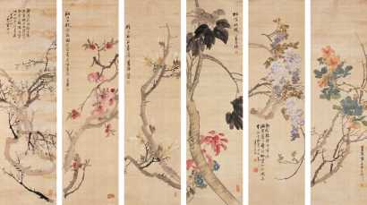 朱梦庐 甲戌(1874)年作 花卉 六屏